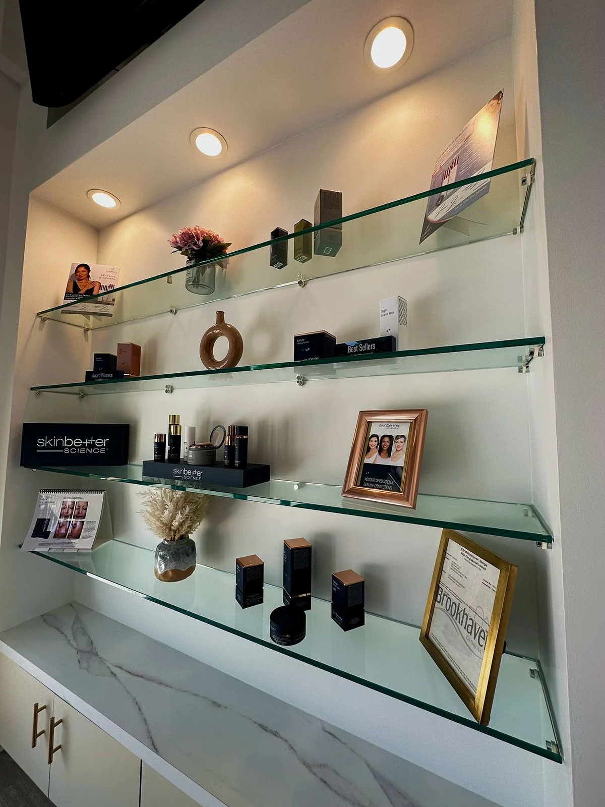 The product display shelves at Skin Suite Medspa showcasing their range of offerings.