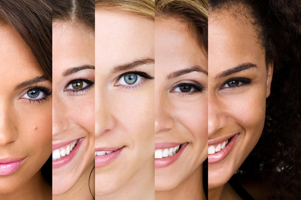 Close-up of five women smiling with different skin tones and hair types, showcasing their vibrant skin elasticity, arranged side by side in a composite image.