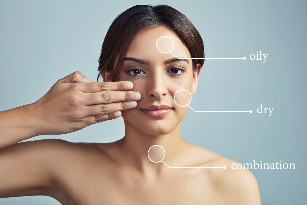 A woman is demonstrating different skin types on her face with labeled areas showing oily, dry, and combination skin. She is holding one hand to the side of her face while explaining the microneedling benefits for each skin type.