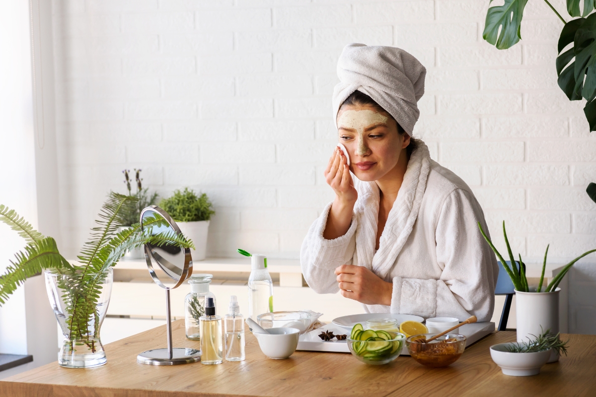 Person wearing a towel on their head and a bathrobe, applying a face mask while seated at a wooden table adorned with sustainable skin care products and plants in the background.